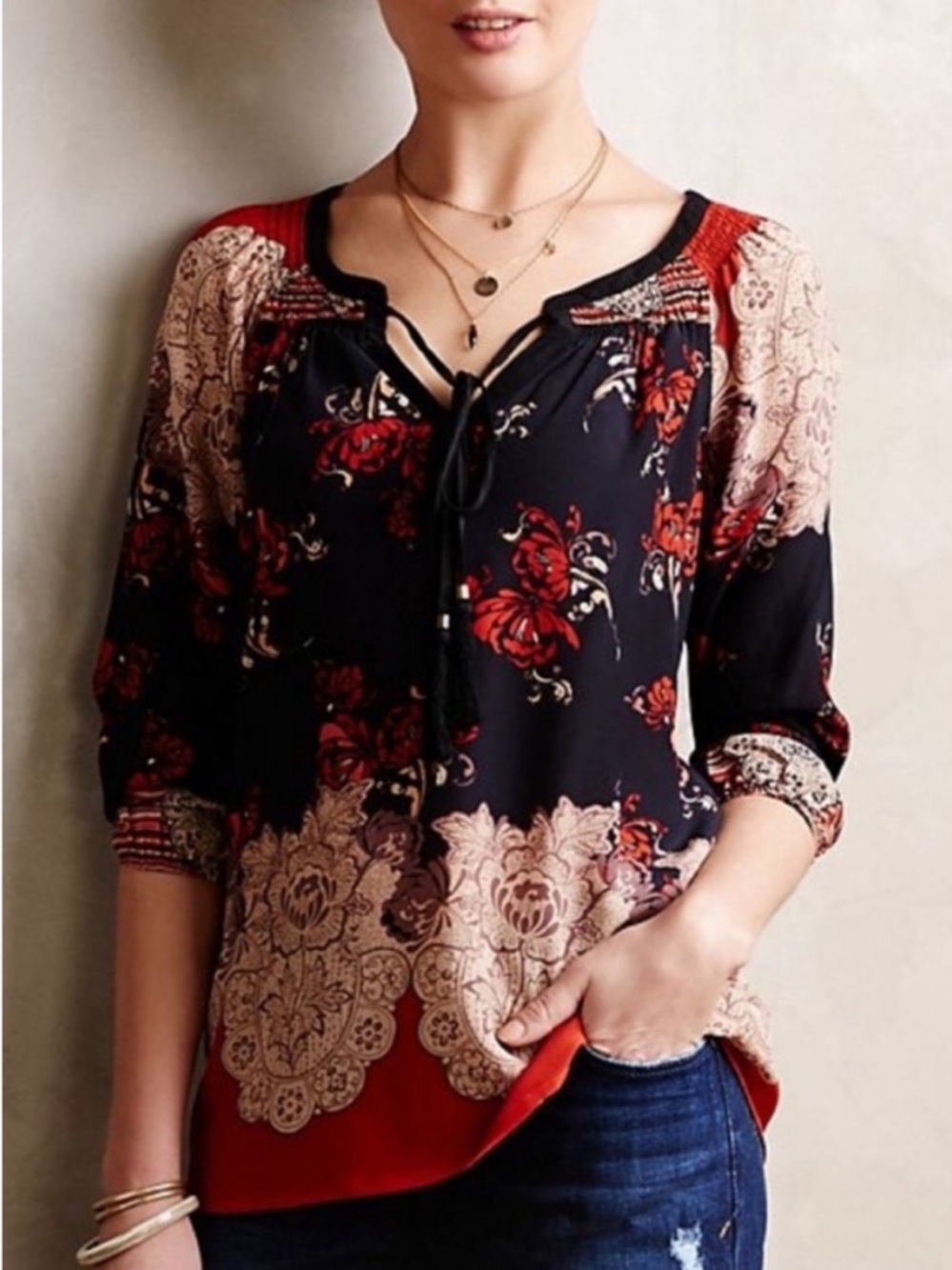 Anthropologie Meadow Rue Silk Blossom Peasant Top Size Small Floral Long Sleeve